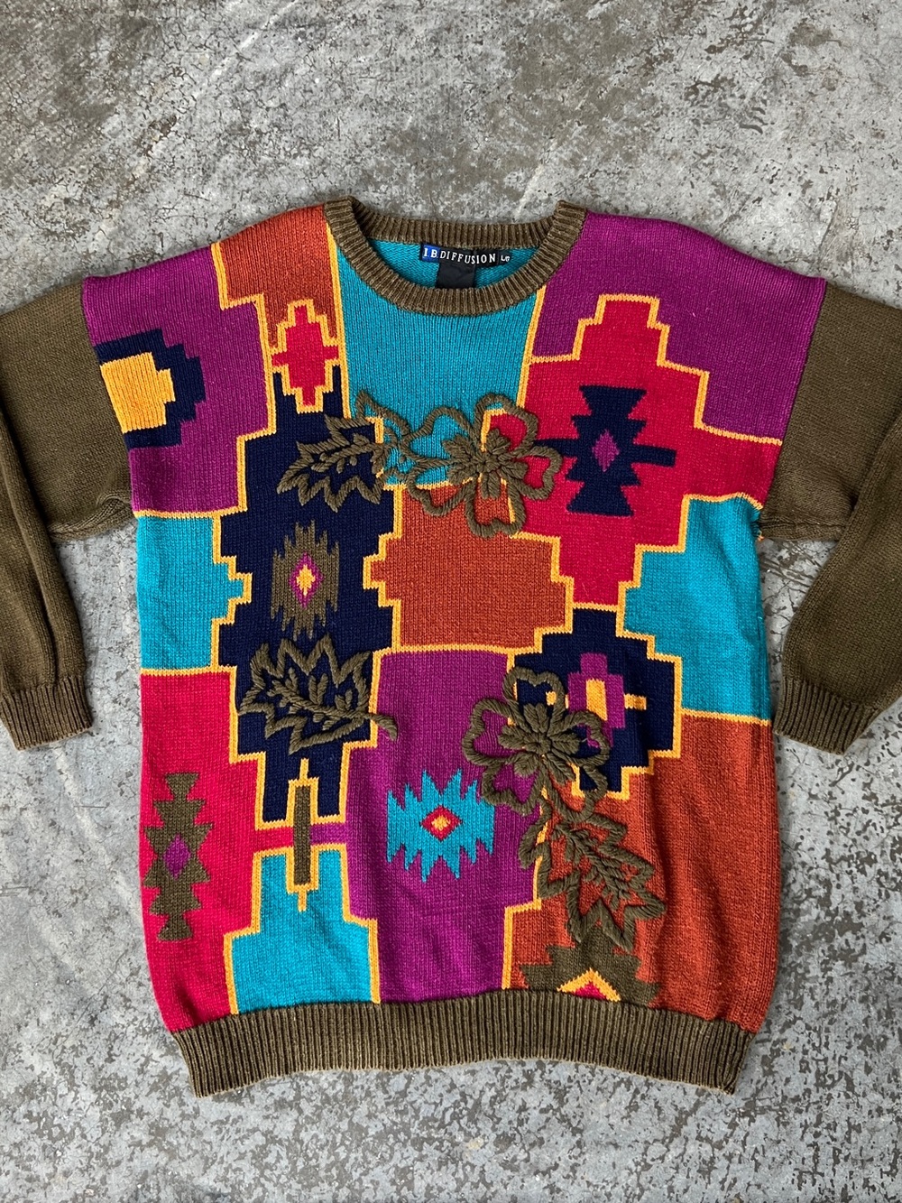 VTG I.B. Diffusion Southwestern Geometric Ramie Cotton Chunky Knit Sweater Large